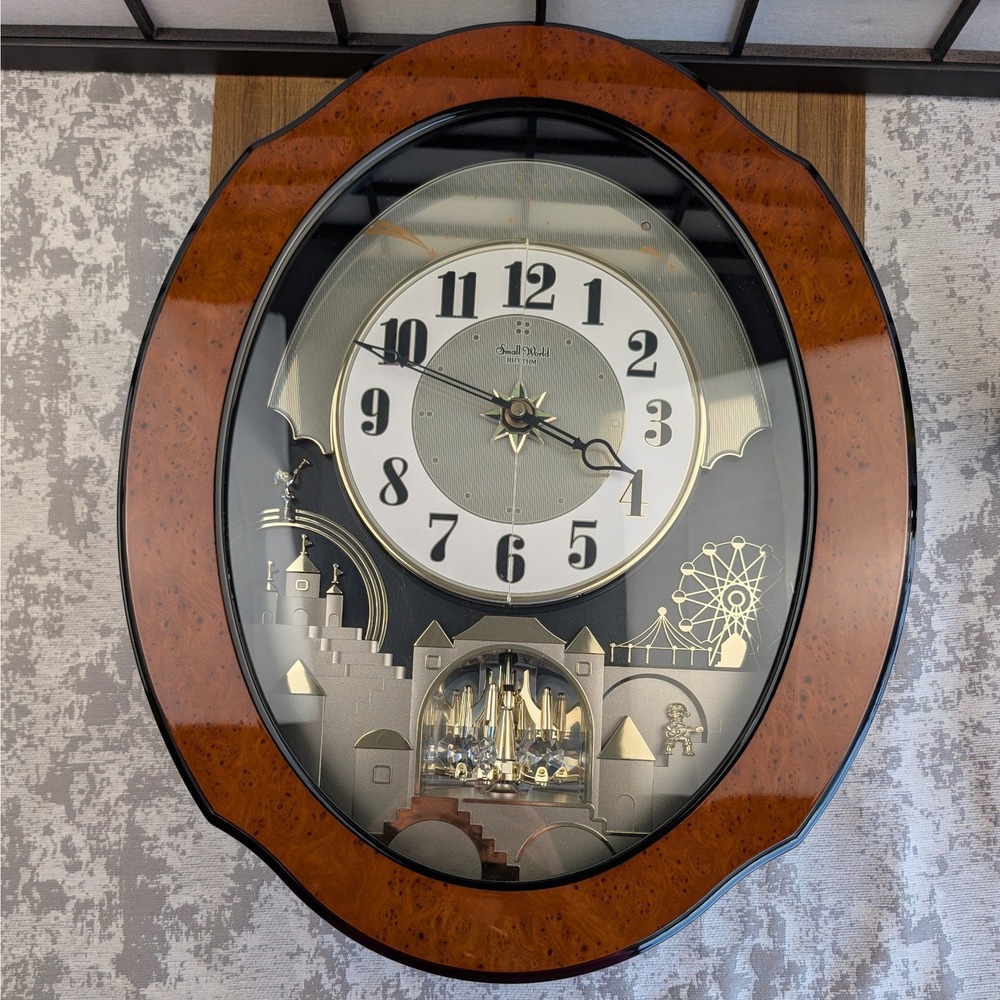 Rhythm Small World Musical Wall Clock 4MH752 Burl Wood Finish 6 Melodies Tested